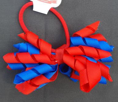  Hair Bows Curly Tie Red & Blue on Elastic Image 1